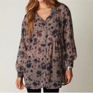 Free People Med Floral Babydoll Tunic Sheer Button Down Shirt Boho Taupe Blue